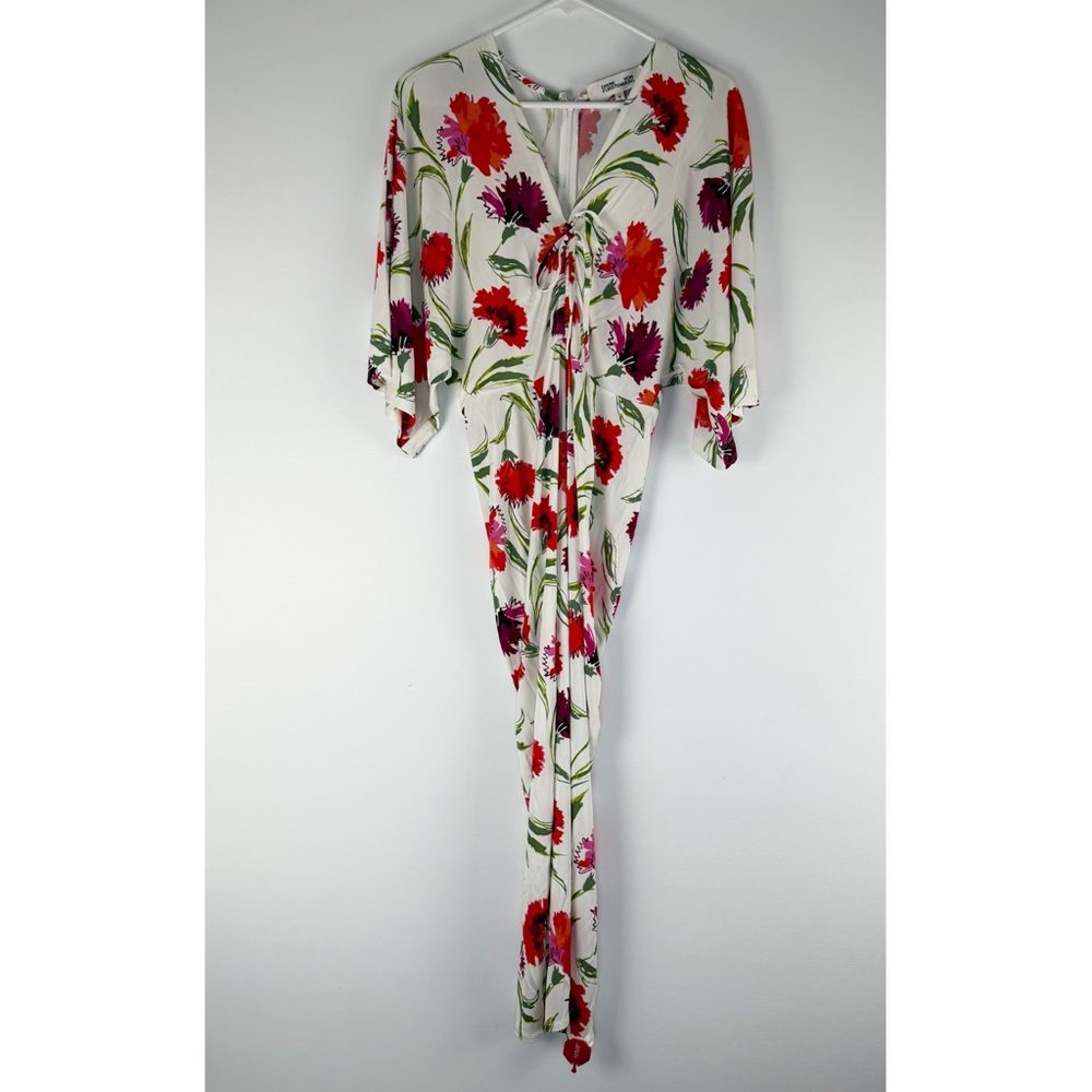 DVF Red and Purple Floral Midi Dress with Ruching and Kimono Sleeves, Size M NWT